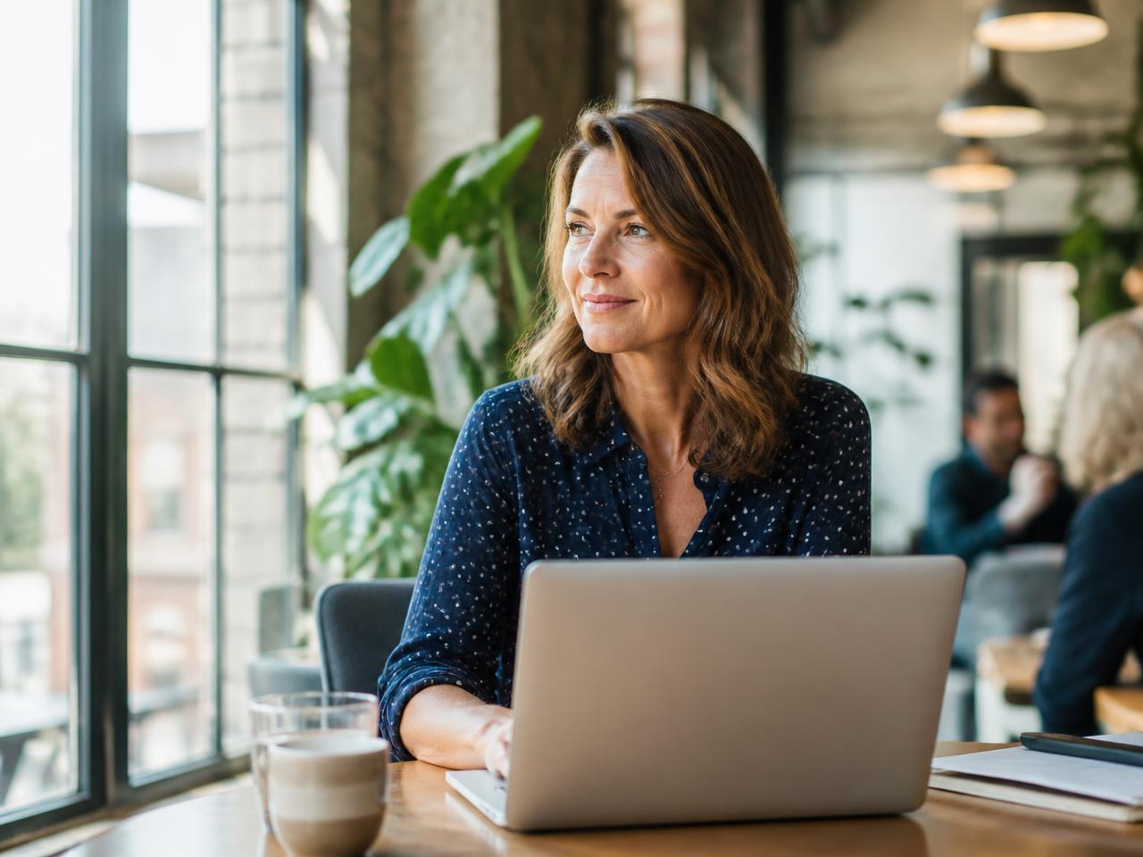 A professional woman working on a laptop by a window in a bright co-working space